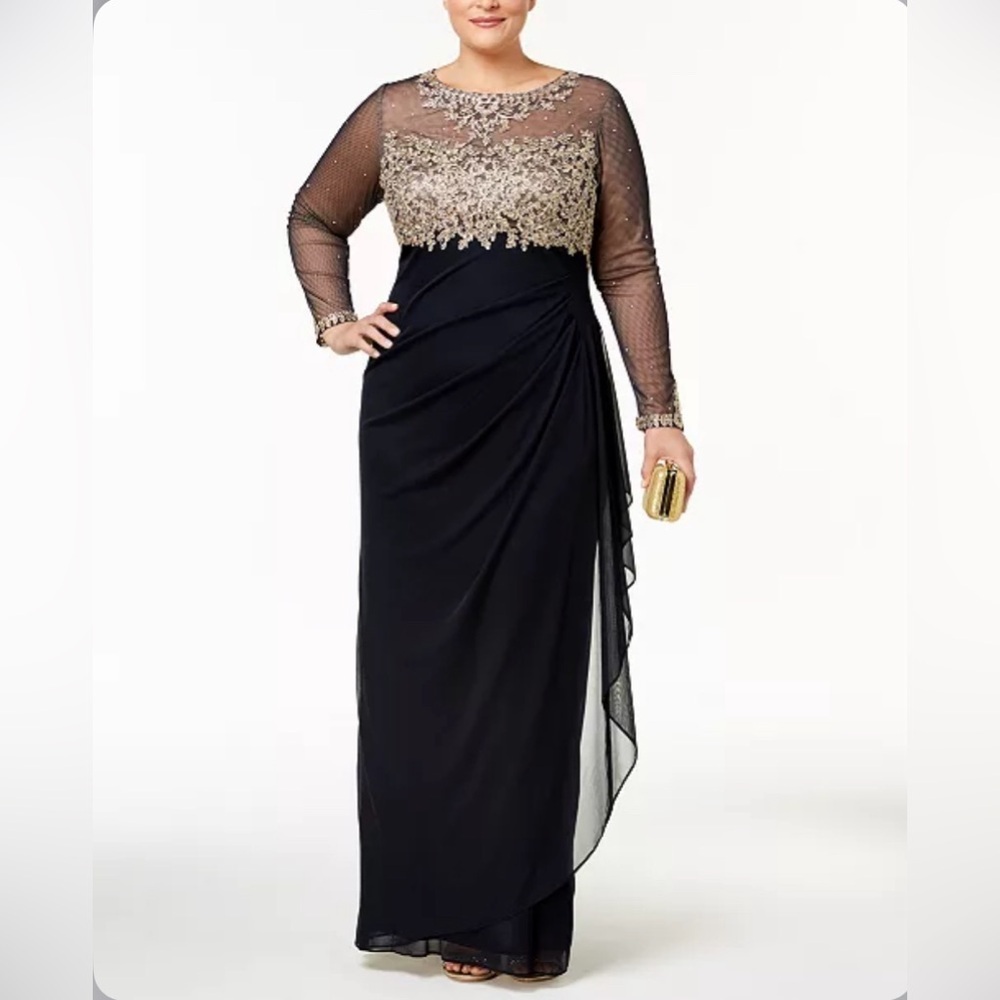 XSCAPE PLUS SIZE EMBROIDERED ILLUSION GOWN NAVY/GOLD - 14P